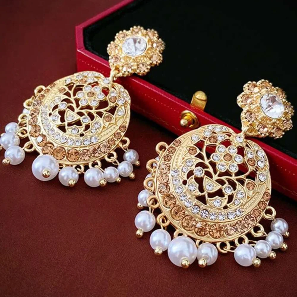 Vintage Palace Chandbali Earrings | Gold Tone Rhinestone & Faux Pearl Dangles